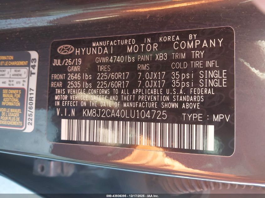 2020 Hyundai Tucson Se VIN: KM8J2CA40LU104725 Lot: 43936395