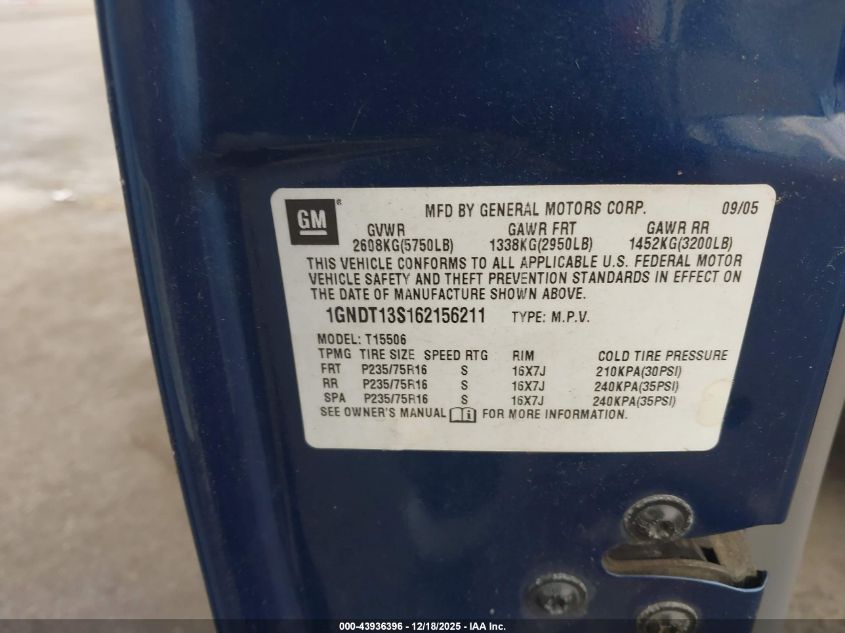 2006 Chevrolet Trailblazer Ls VIN: 1GNDT13S162156211 Lot: 43936396
