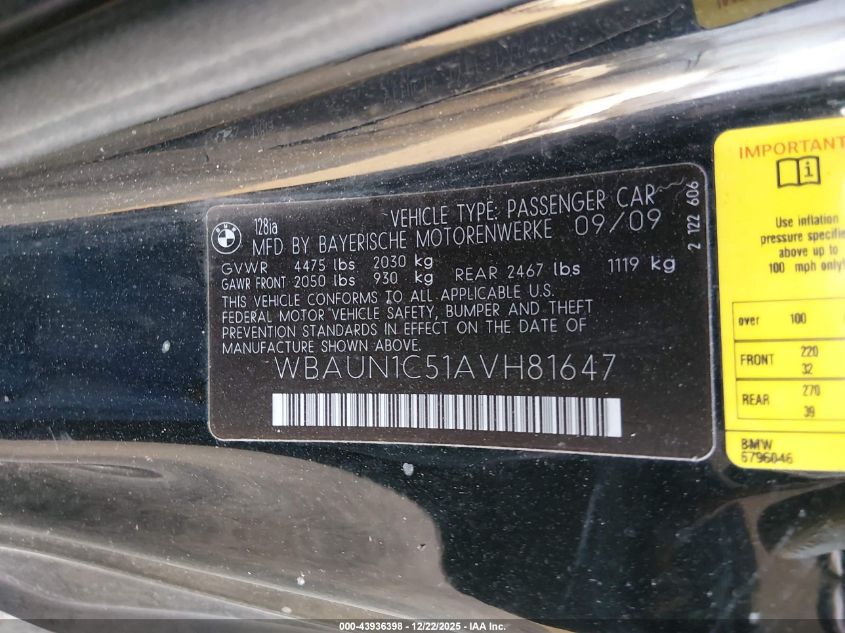 2010 BMW 128I VIN: WBAUN1C51AVH81647 Lot: 43936398