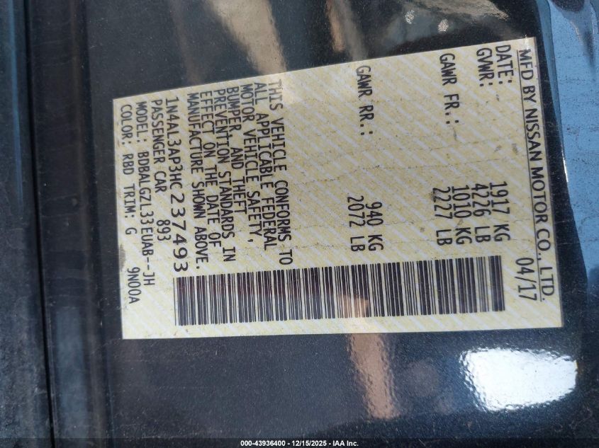 2017 Nissan Altima 2.5 S VIN: 1N4AL3AP3HC237493 Lot: 43936400