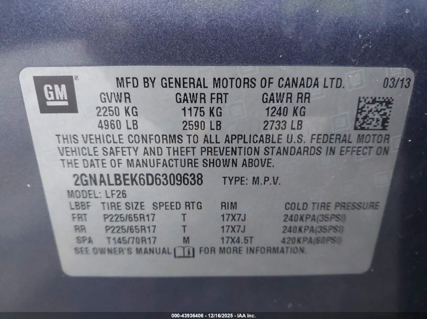 2013 Chevrolet Equinox Ls VIN: 2GNALBEK6D6309638 Lot: 43936406