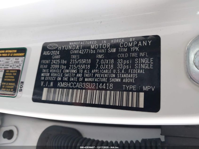 2025 Hyundai Kona Sel Convenience VIN: KM8HCCAB3SU214418 Lot: 43936407
