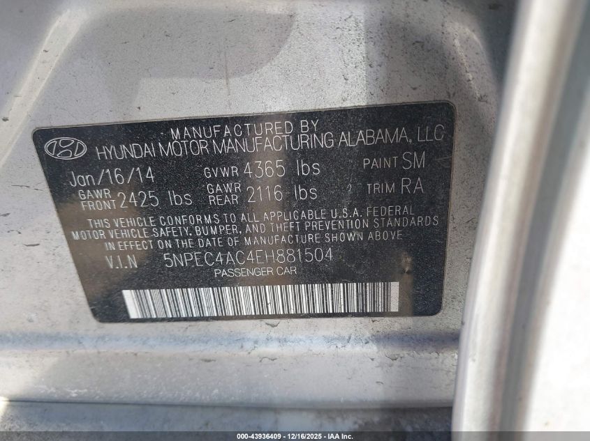 2014 Hyundai Sonata Limited VIN: 5NPEC4AC4EH881504 Lot: 43936409