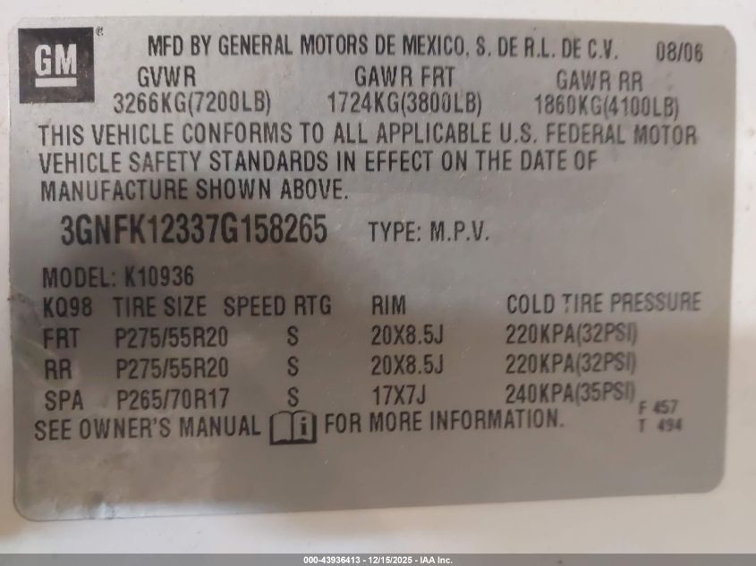 2007 Chevrolet Avalanche 1500 Ltz VIN: 3GNFK12337G158265 Lot: 43936413