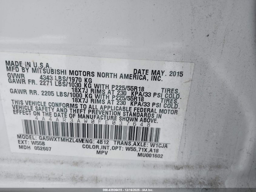 2015 Mitsubishi Outlander Sport Es VIN: 4A4AR3AW0FE037648 Lot: 43936415