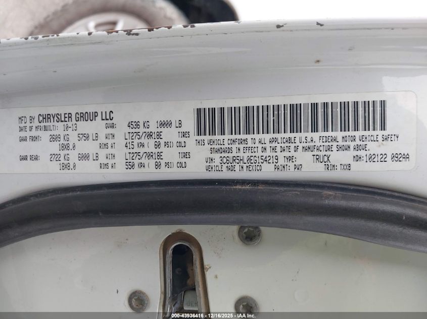 2014 Ram 2500 Tradesman VIN: 3C6UR5HL0EG154219 Lot: 43936416