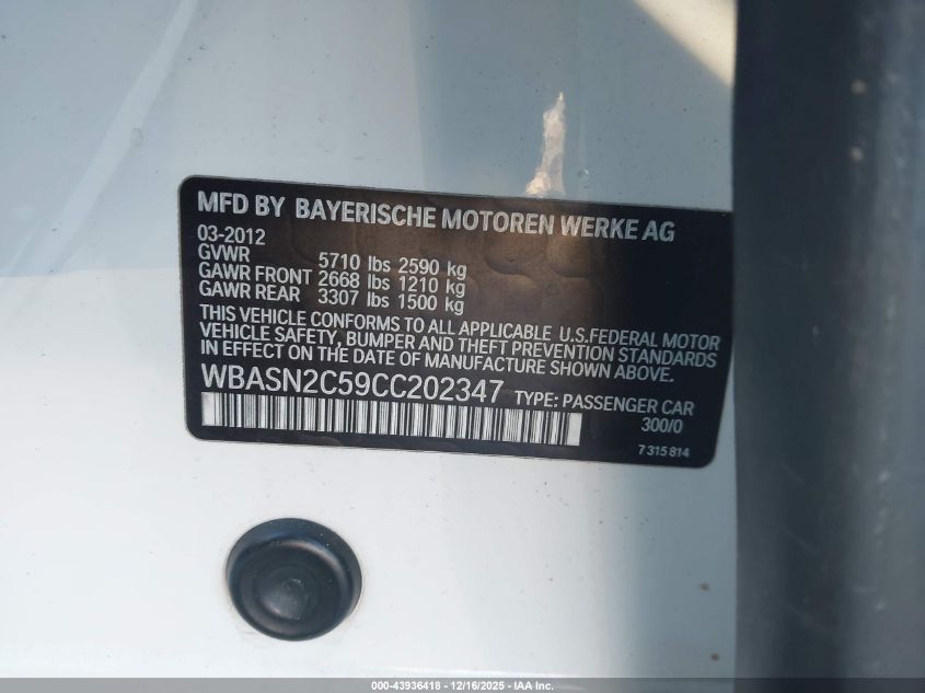 2012 BMW 535I Gran Turismo VIN: WBASN2C59CC202347 Lot: 43936418