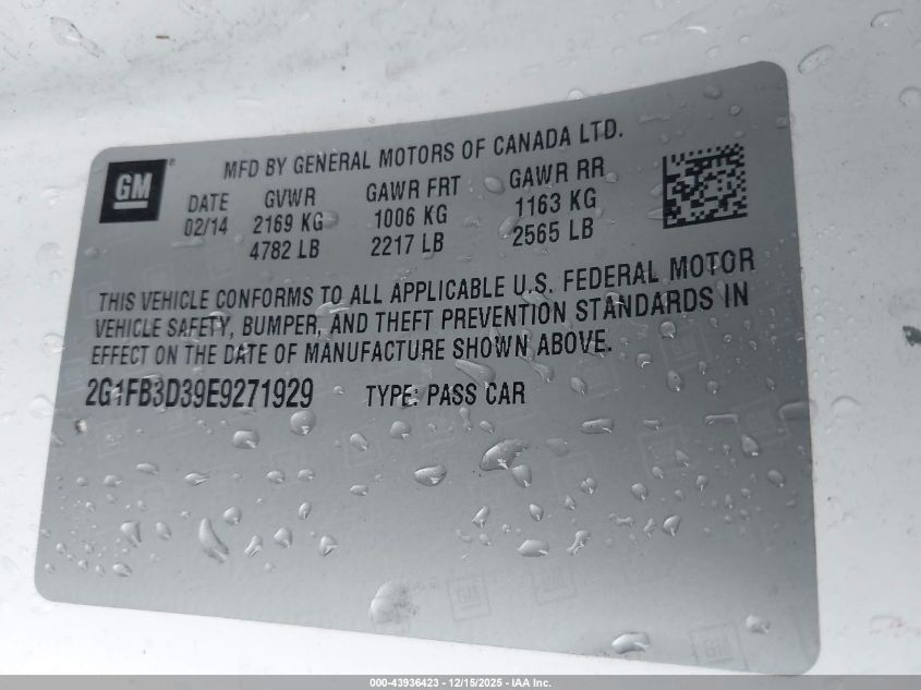 2014 Chevrolet Camaro 1Lt VIN: 2G1FB3D39E9271929 Lot: 43936423