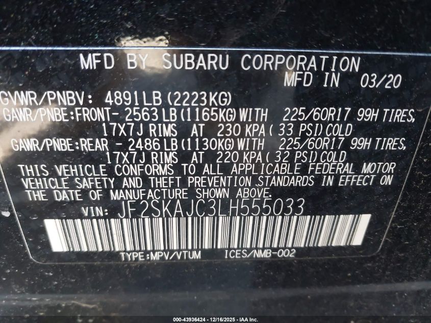 2020 Subaru Forester Premium VIN: JF2SKAJC3LH555033 Lot: 43936424