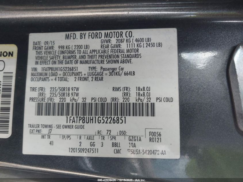 2016 Ford Mustang Ecoboost Premium VIN: 1FATP8UH1G5226851 Lot: 43936426