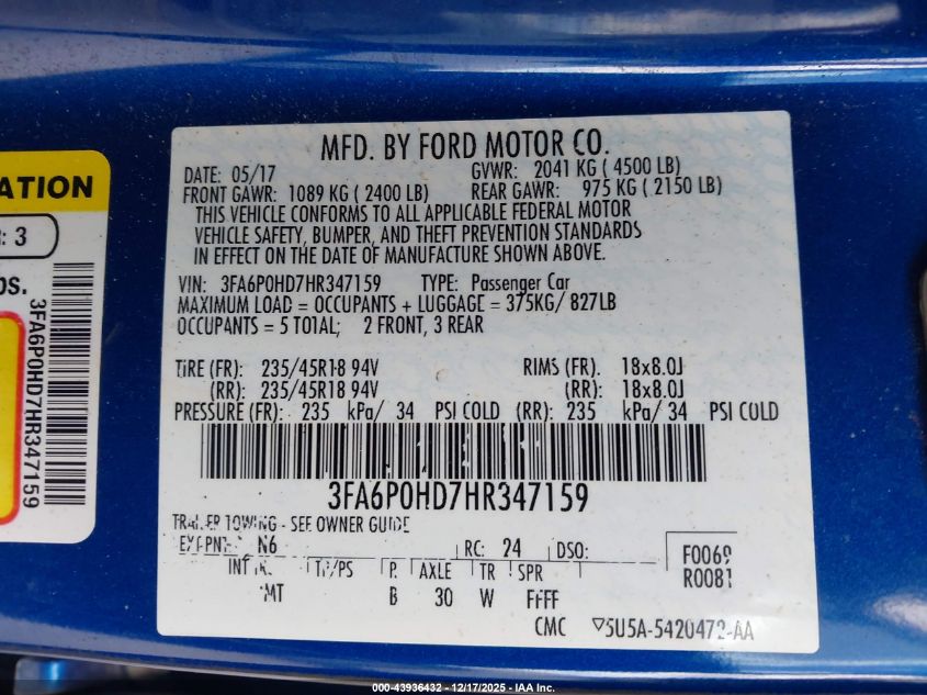 2017 Ford Fusion Se VIN: 3FA6P0HD7HR347159 Lot: 43936432