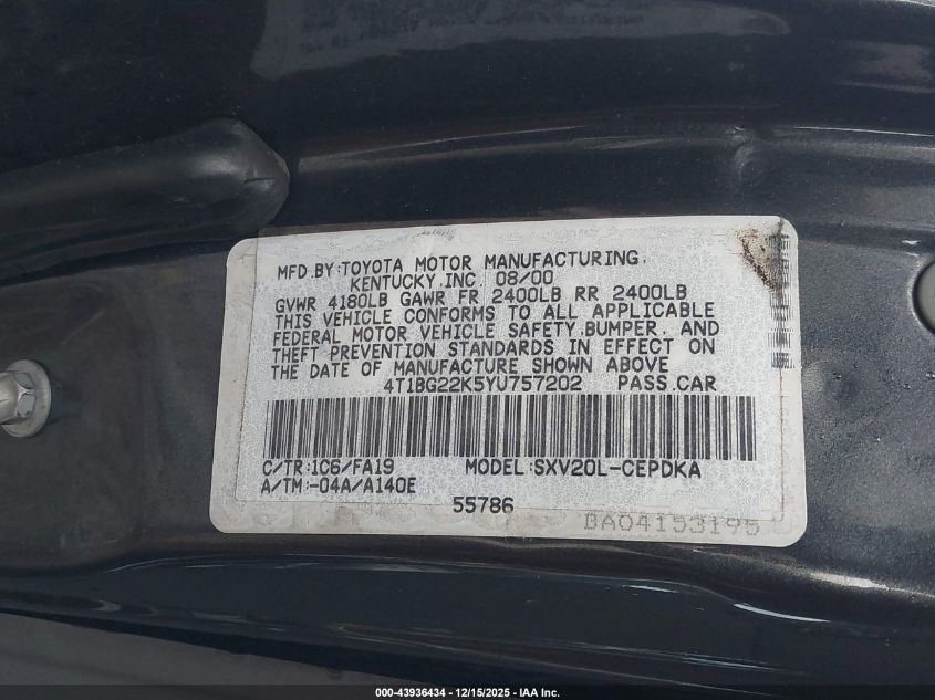 2000 Toyota Camry Ce VIN: 4T1BG22K5YU757202 Lot: 43936434
