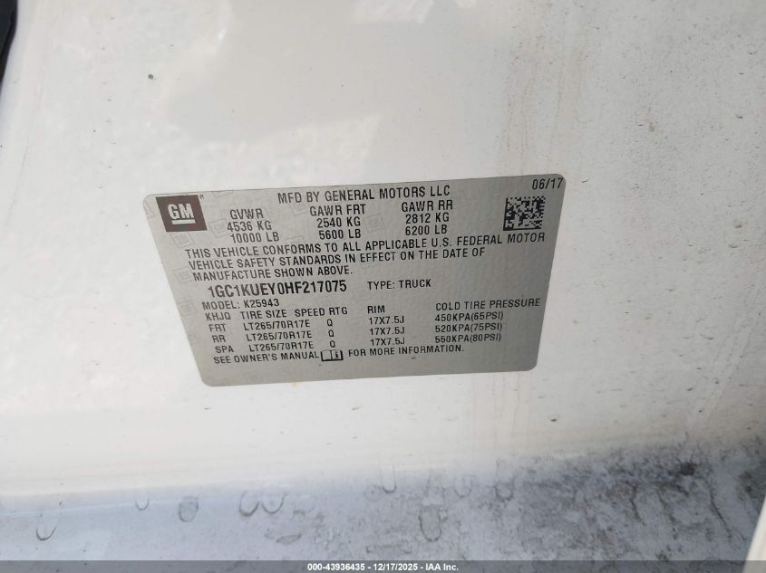 2017 Chevrolet Silverado 2500Hd Wt VIN: 1GC1KUEY0HF217075 Lot: 43936435