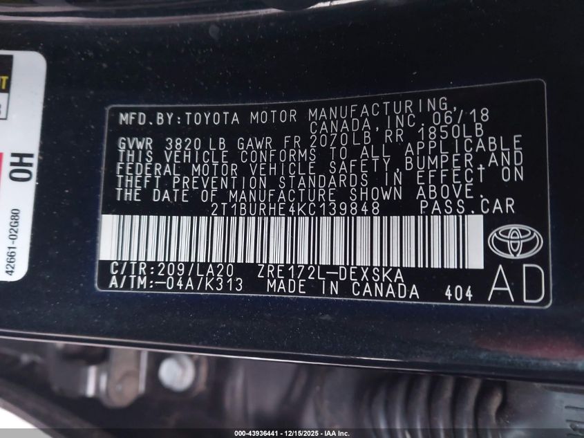 2019 Toyota Corolla Xse VIN: 2T1BURHE4KC139848 Lot: 43936441