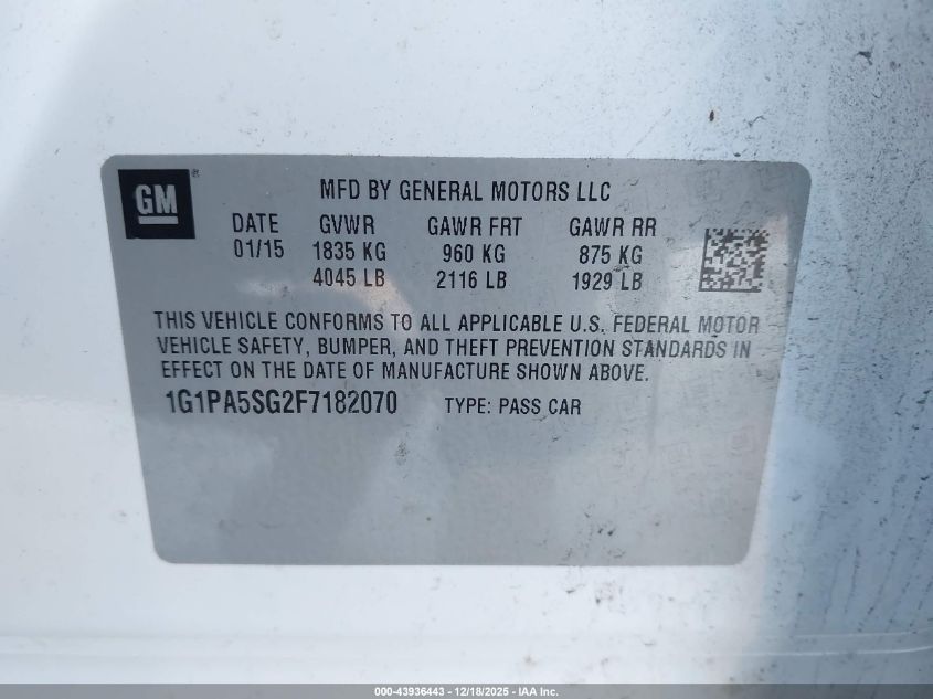 2015 Chevrolet Cruze Ls Auto VIN: 1G1PA5SG2F7182070 Lot: 43936443