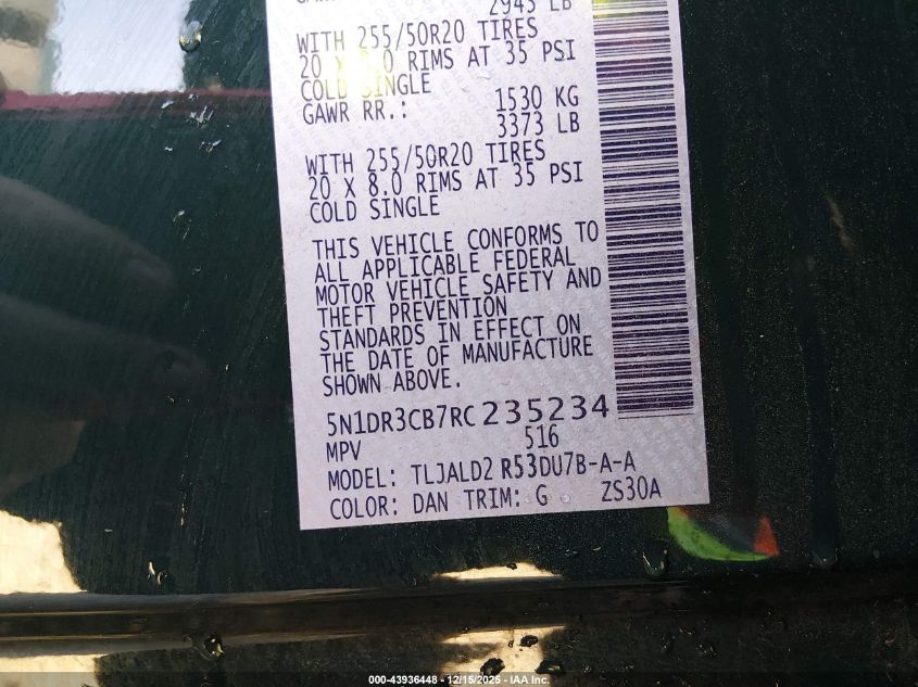 2024 Nissan Pathfinder Sl Fwd VIN: 5N1DR3CB7RC235234 Lot: 43936448