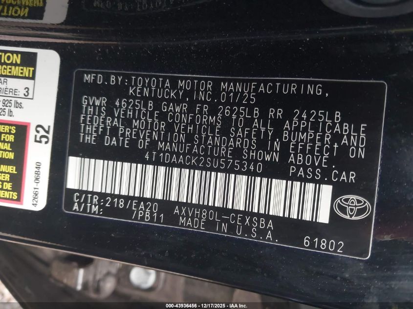 2025 Toyota Camry Se VIN: 4T1DAACK2SU575340 Lot: 43936456