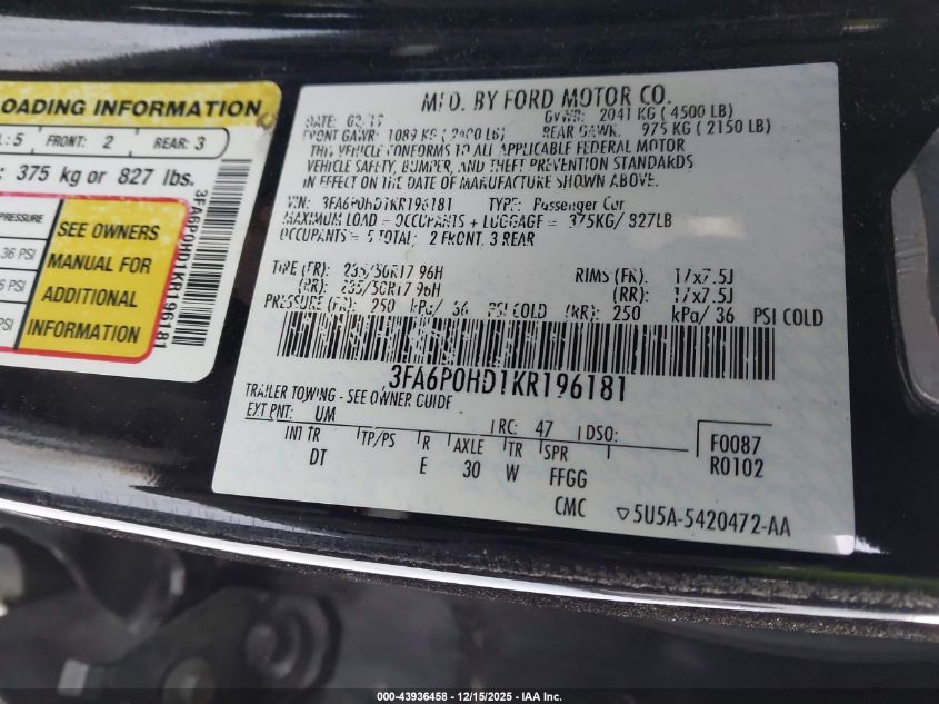 2019 Ford Fusion Se VIN: 3FA6P0HD1KR196181 Lot: 43936458