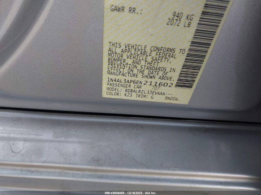 2014 Nissan Altima 2.5 S VIN: 1N4AL3AP6EN211602 Lot: 43936459