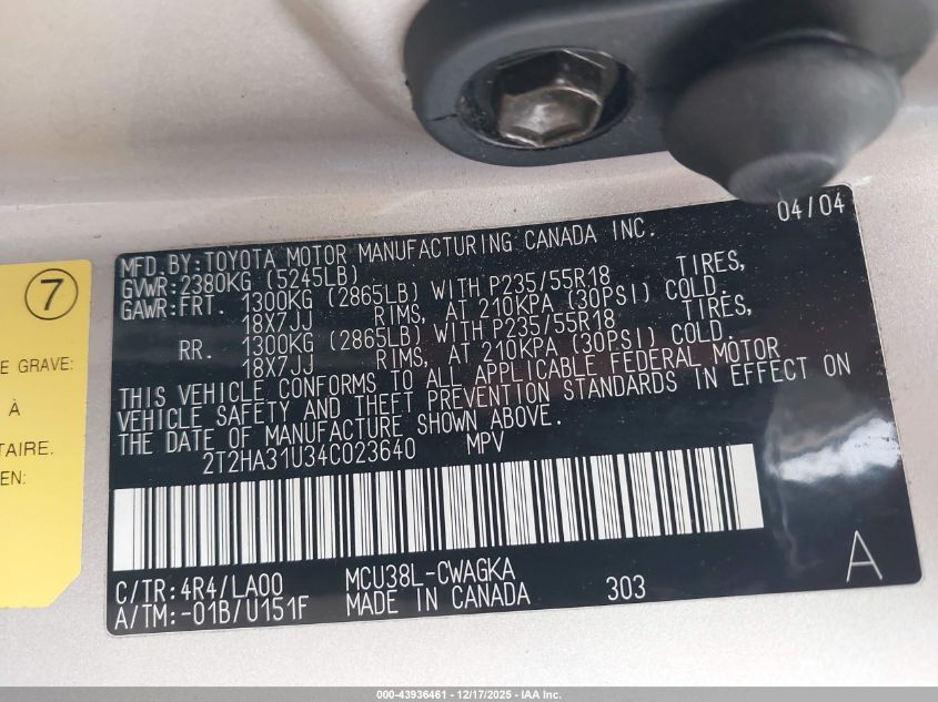 2004 Lexus Rx 330 VIN: 2T2HA31U34C023640 Lot: 43936461