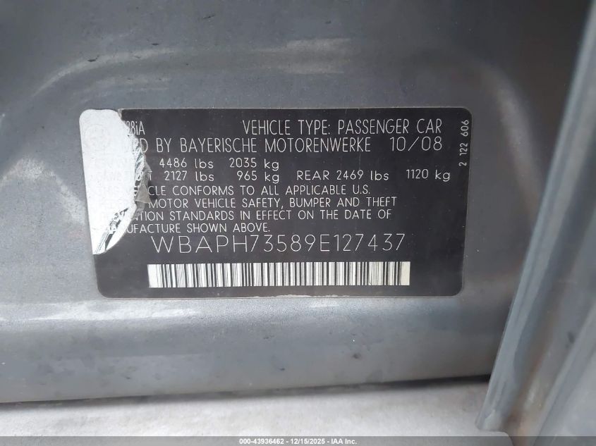 2009 BMW 328I VIN: WBAPH73589E127437 Lot: 43936462