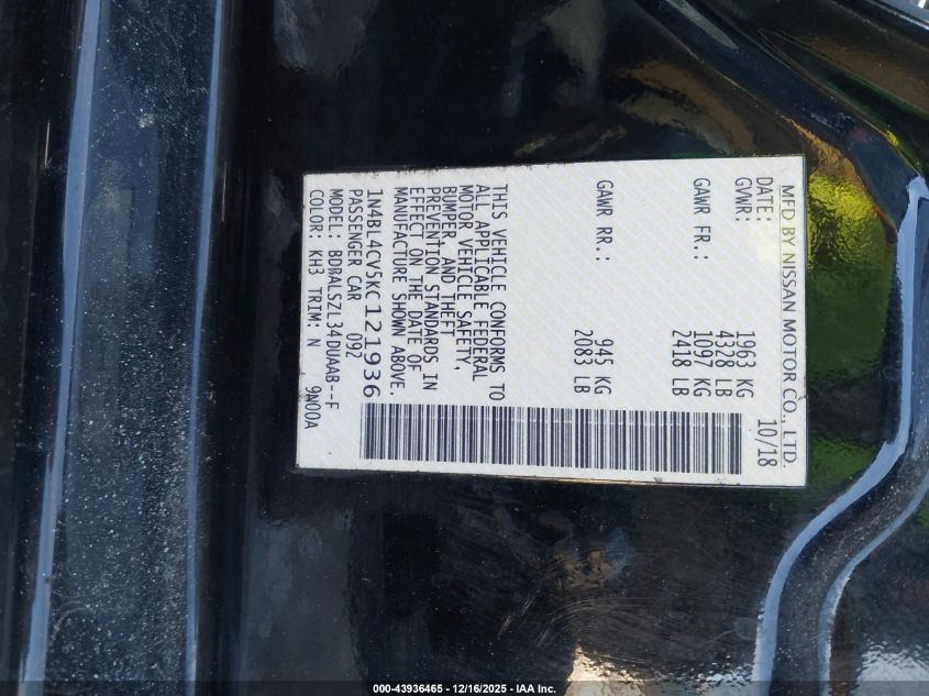 2019 Nissan Altima 2.5 Sr VIN: 1N4BL4CV5KC121936 Lot: 43936465