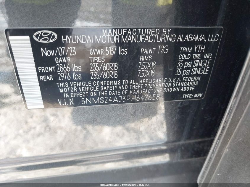 2023 Hyundai Santa Fe Sel VIN: 5NMS24AJ3PH642658 Lot: 43936466