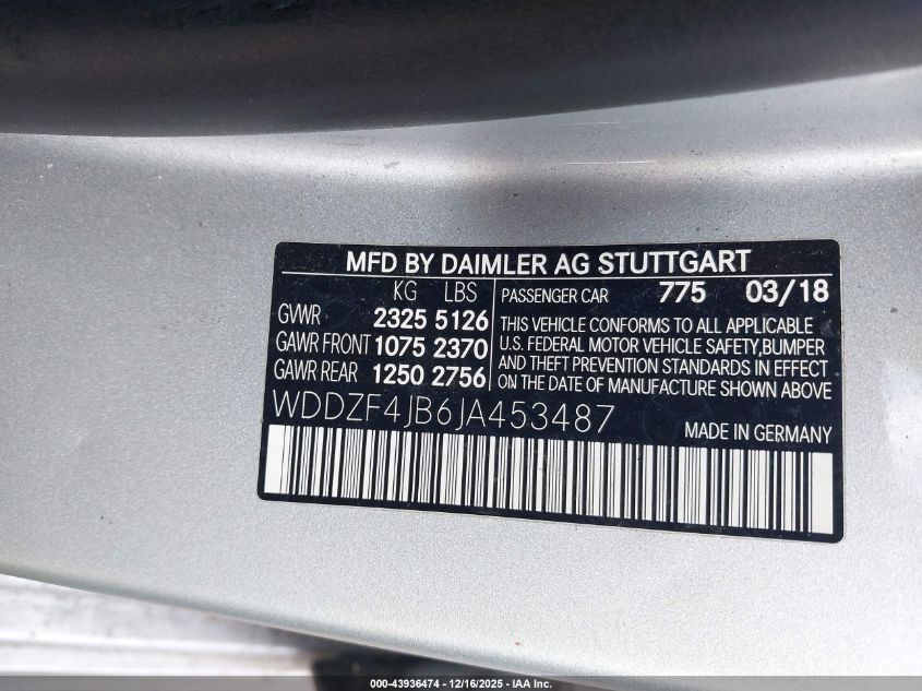 2018 Mercedes-Benz E 300 VIN: WDDZF4JB6JA453487 Lot: 43936474