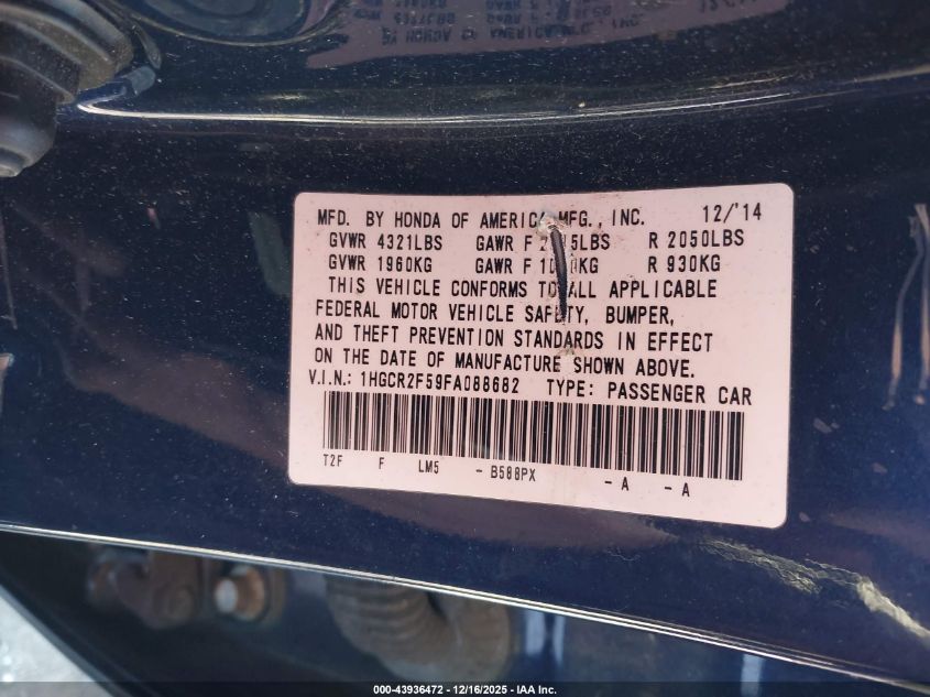 2015 Honda Accord Sport VIN: 1HGCR2F59FA088682 Lot: 43936472