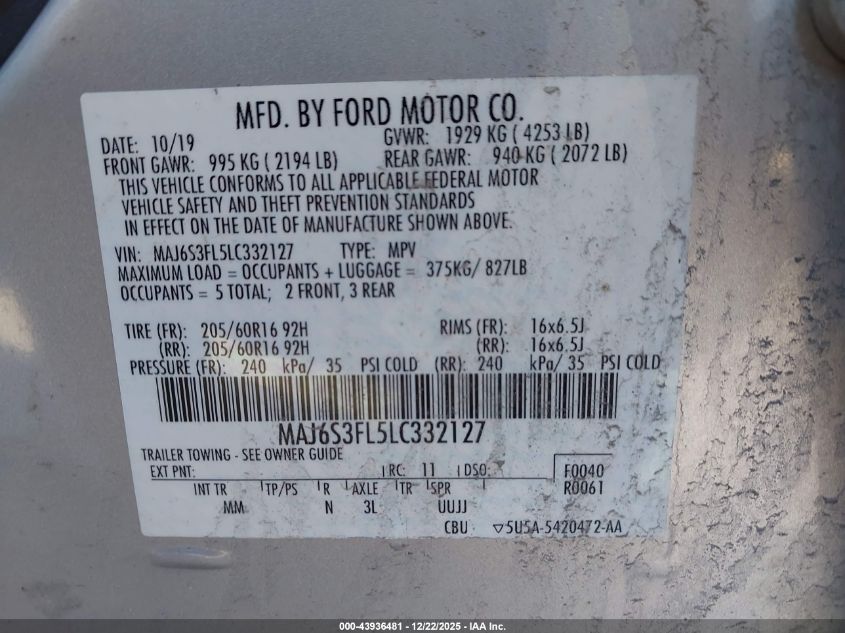 2020 Ford Ecosport S VIN: MAJ6S3FL5LC332127 Lot: 43936481