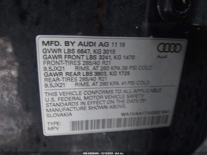 2019 Audi Q7 55 Premium VIN: WA1VAAF73KD021041 Lot: 43936486