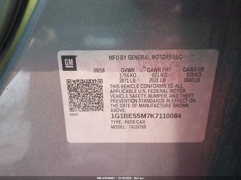 2019 Chevrolet Cruze Lt VIN: 1G1BE5SM7K7110084 Lot: 43936487
