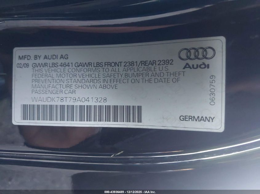 2009 Audi A5 3.2L VIN: WAUDK78T79A041328 Lot: 43936489