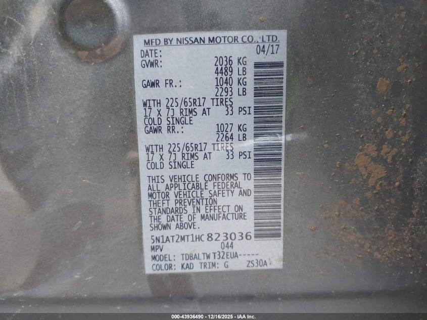 2017 Nissan Rogue Sv VIN: 5N1AT2MT1HC823036 Lot: 43936490