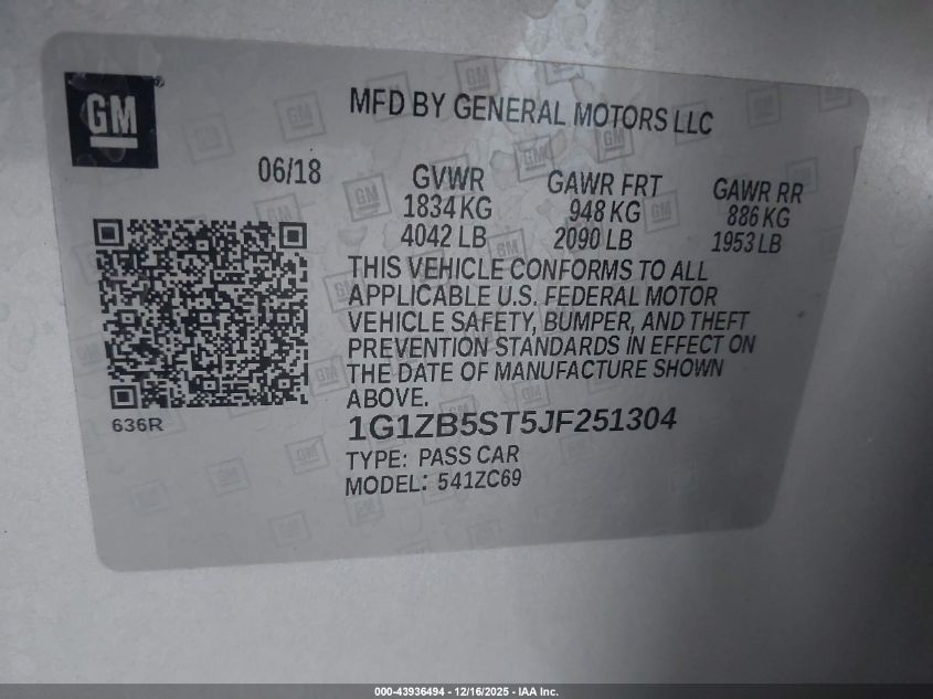 2018 Chevrolet Malibu 1Ls VIN: 1G1ZB5ST5JF251304 Lot: 43936494