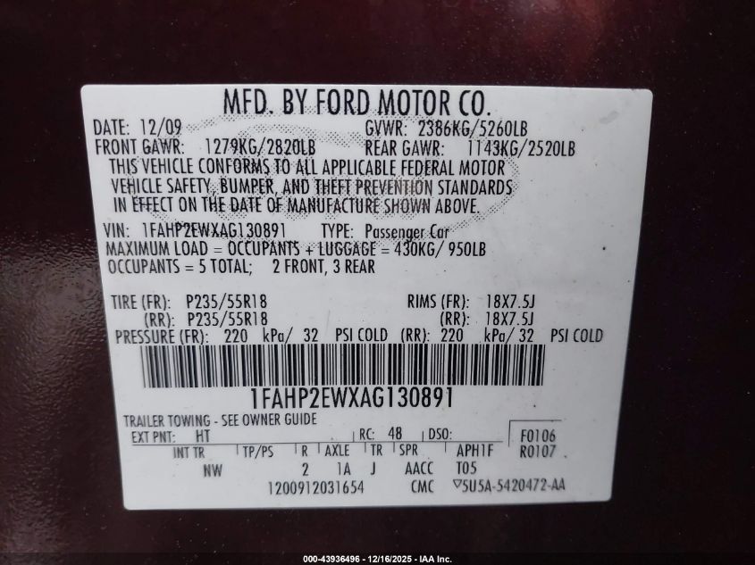 2010 Ford Taurus Sel VIN: 1FAHP2EWXAG130891 Lot: 43936496