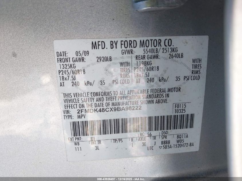 2009 Ford Edge Sel VIN: 2FMDK48CX9BA98222 Lot: 43936497