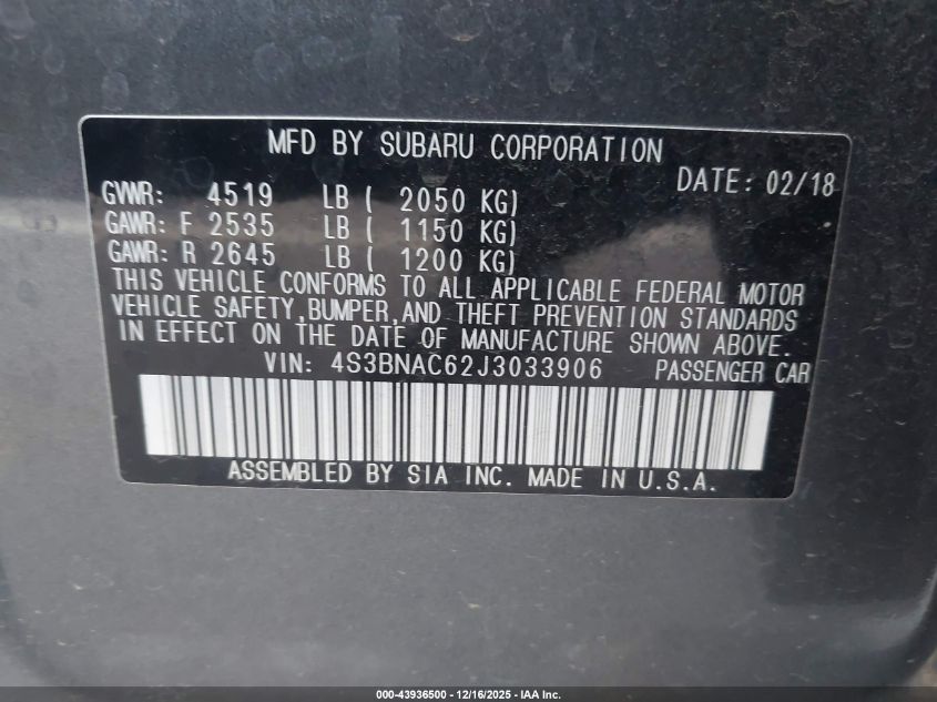 2018 Subaru Legacy 2.5I Premium VIN: 4S3BNAC62J3033906 Lot: 43936500