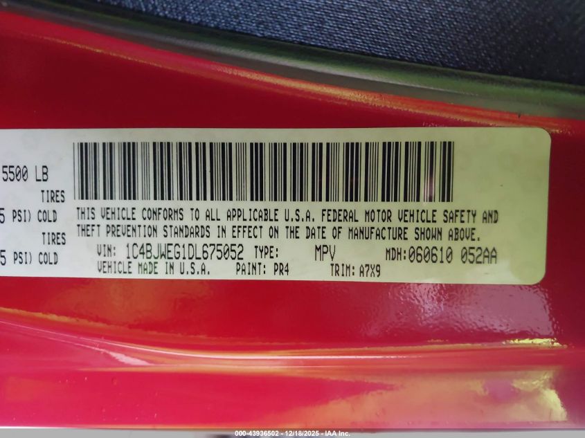 2013 Jeep Wrangler Unlimited Sahara VIN: 1C4BJWEG1DL675052 Lot: 43936502