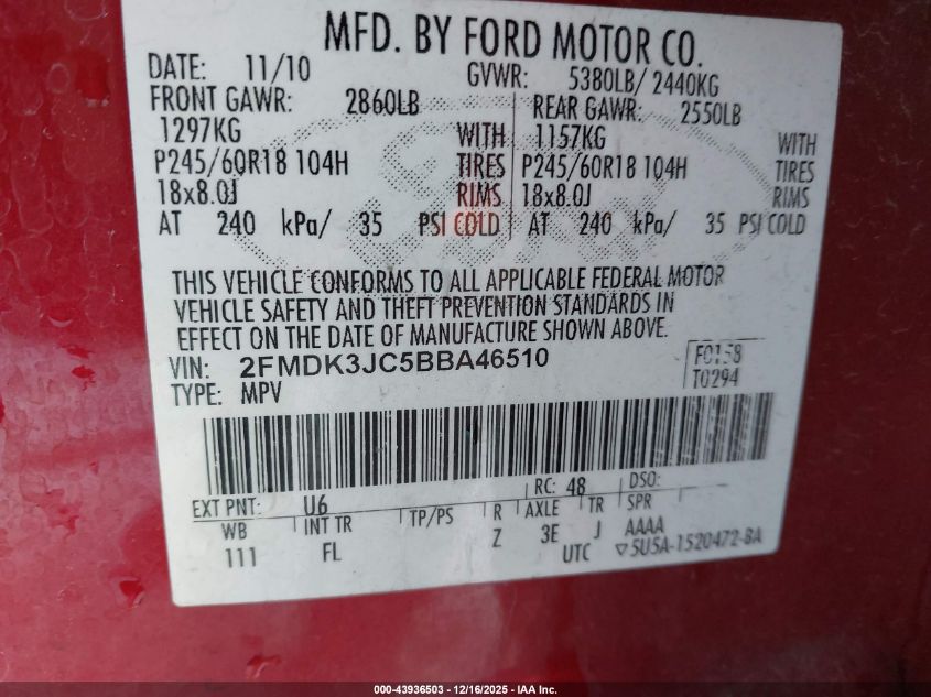 2011 Ford Edge Sel VIN: 2FMDK3JC5BBA46510 Lot: 43936503