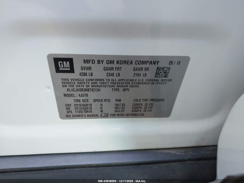 2019 Buick Encore Fwd Preferred VIN: KL4CJASB3KB742134 Lot: 43936505