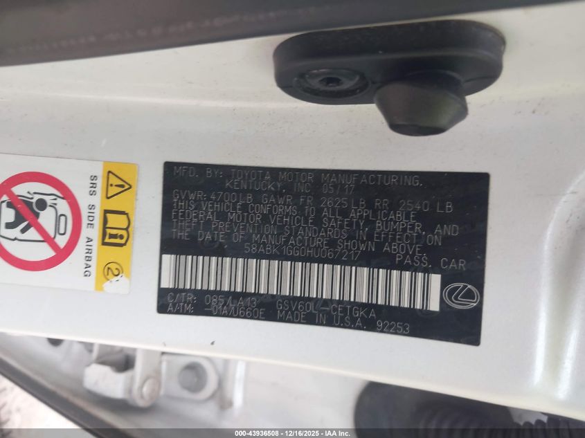 2017 Lexus Es 350 VIN: 58ABK1GG0HU067217 Lot: 43936508