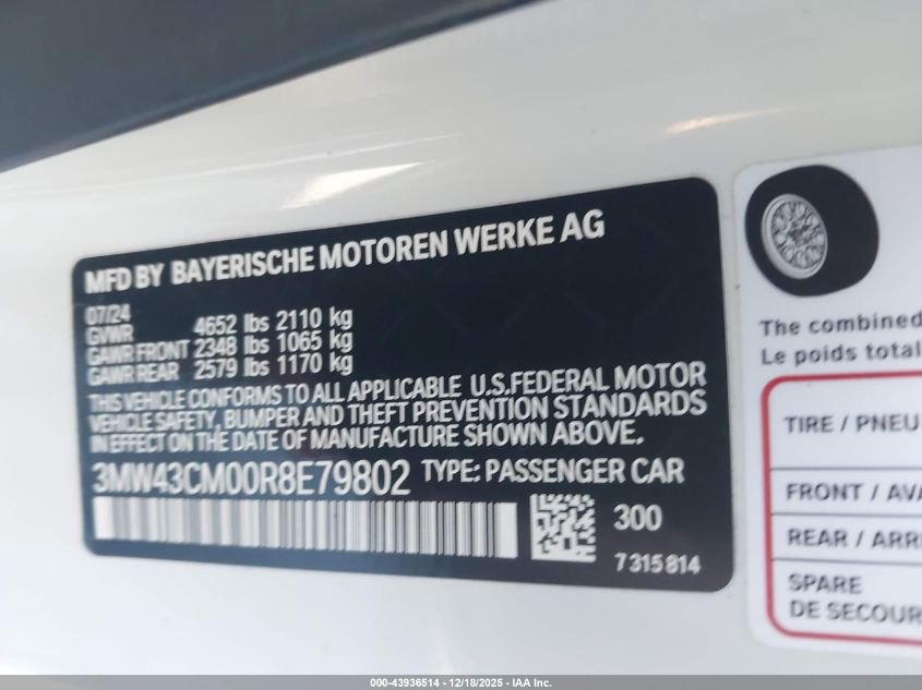 2024 BMW M240 I VIN: 3MW43CM00R8E79802 Lot: 43936514