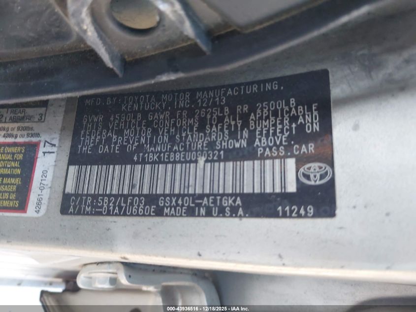 2014 Toyota Avalon Xle Premium VIN: 4T1BK1EB8EU090321 Lot: 43936516