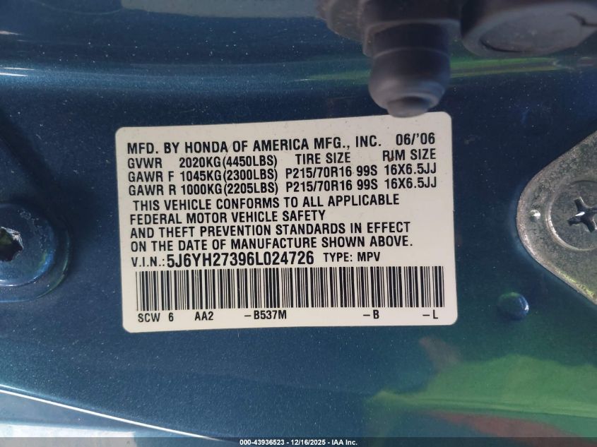 2006 Honda Element Lx VIN: 5J6YH27396L024726 Lot: 43936523