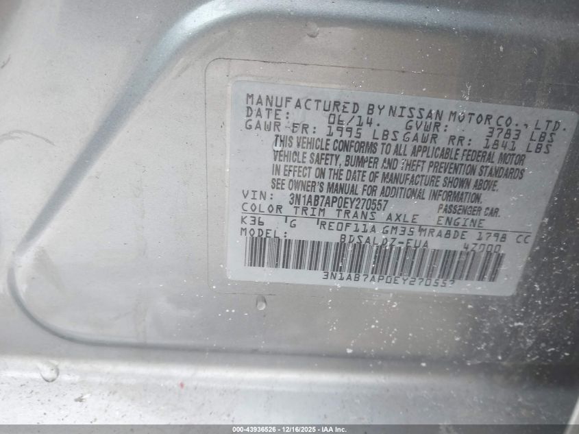 2014 Nissan Sentra Fe+ S/Fe+ Sv/S/Sl/Sr/Sv VIN: 3N1AB7AP0EY270557 Lot: 43936526