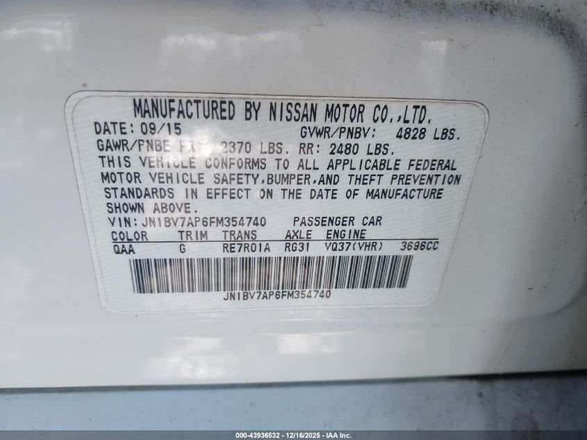 2015 Infiniti Q50 Premium VIN: JN1BV7AP6FM354740 Lot: 43936532