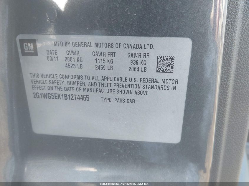 2011 Chevrolet Impala Lt VIN: 2G1WG5EK1B1274465 Lot: 43936534