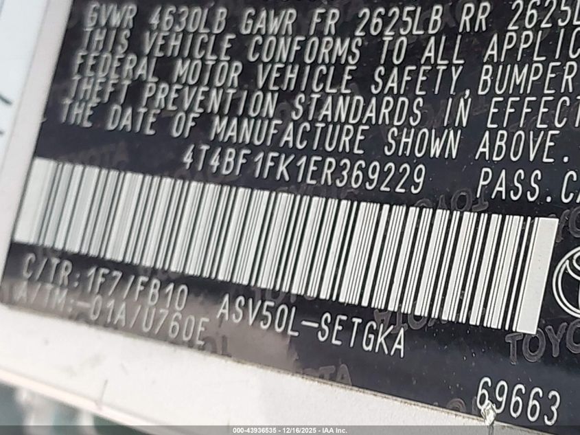 2014 Toyota Camry Xle VIN: 4T4BF1FK1ER369229 Lot: 43936535