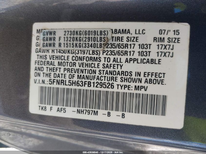 2015 Honda Odyssey Ex-L VIN: 5FNRL5H63FB129526 Lot: 43936540